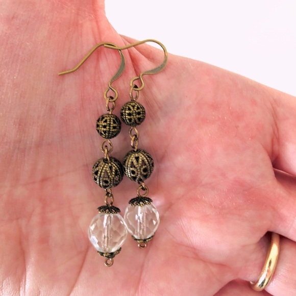 Crystal & Brass Filigree Earrings, Handmade, Antique Brass, Victorian, Baroque - Picture 5 of 7